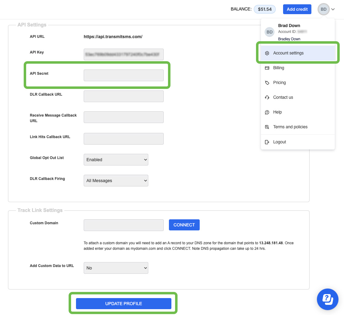 Account Settings - API Secret