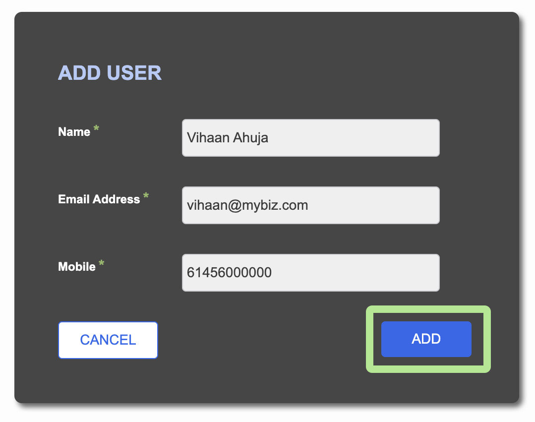 Account Settings - Add User Modal