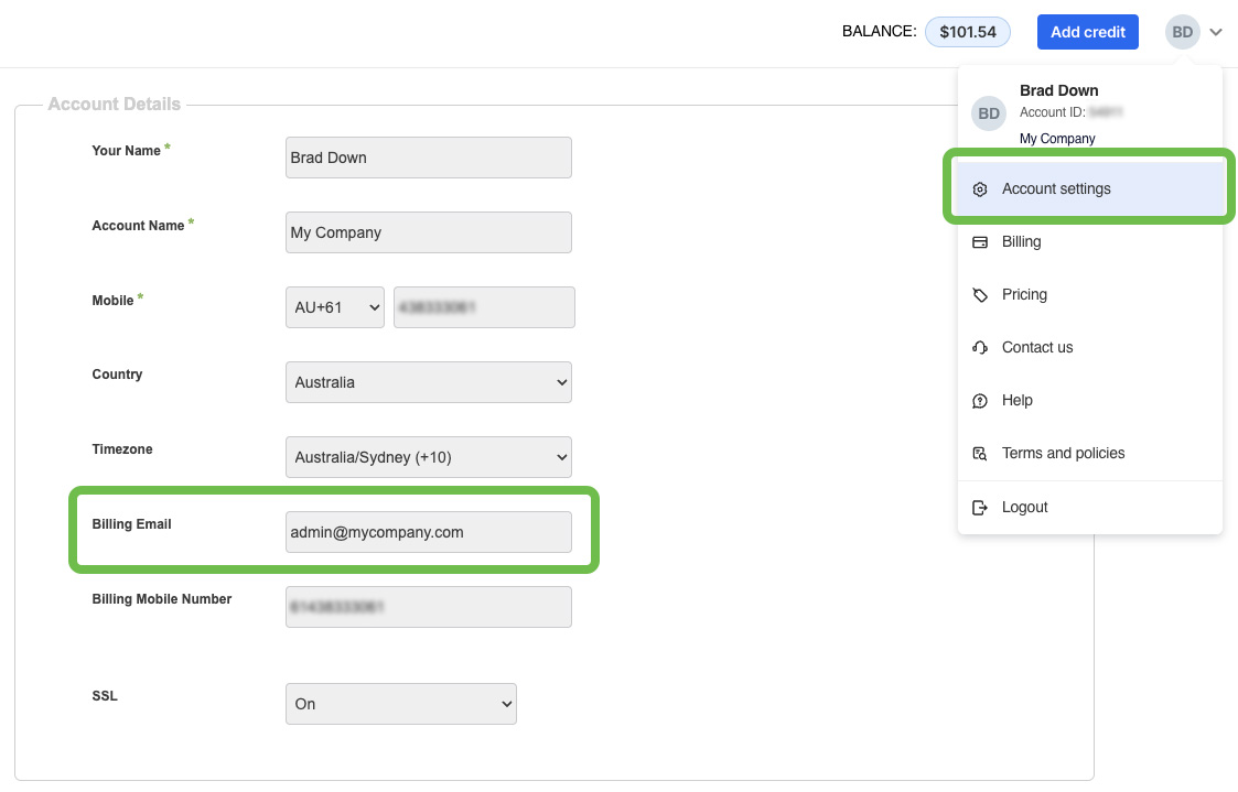 Account Settings - Billing Email
