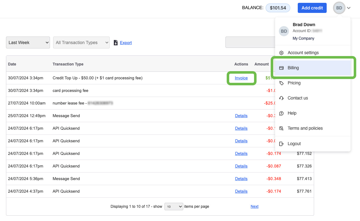 Account Settings - Billing Invoice Link