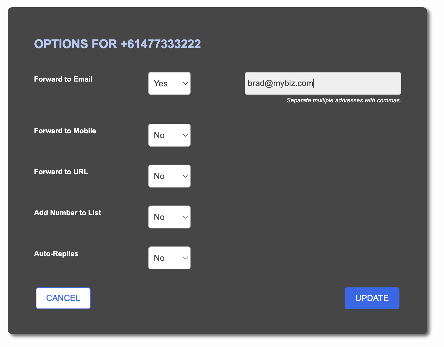 Send SMS - Reply Options Modal