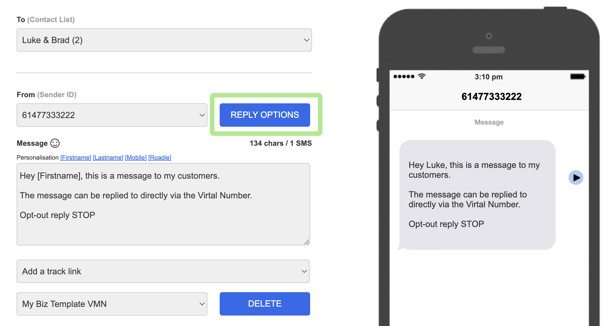 Send SMS Reply Options VMN
