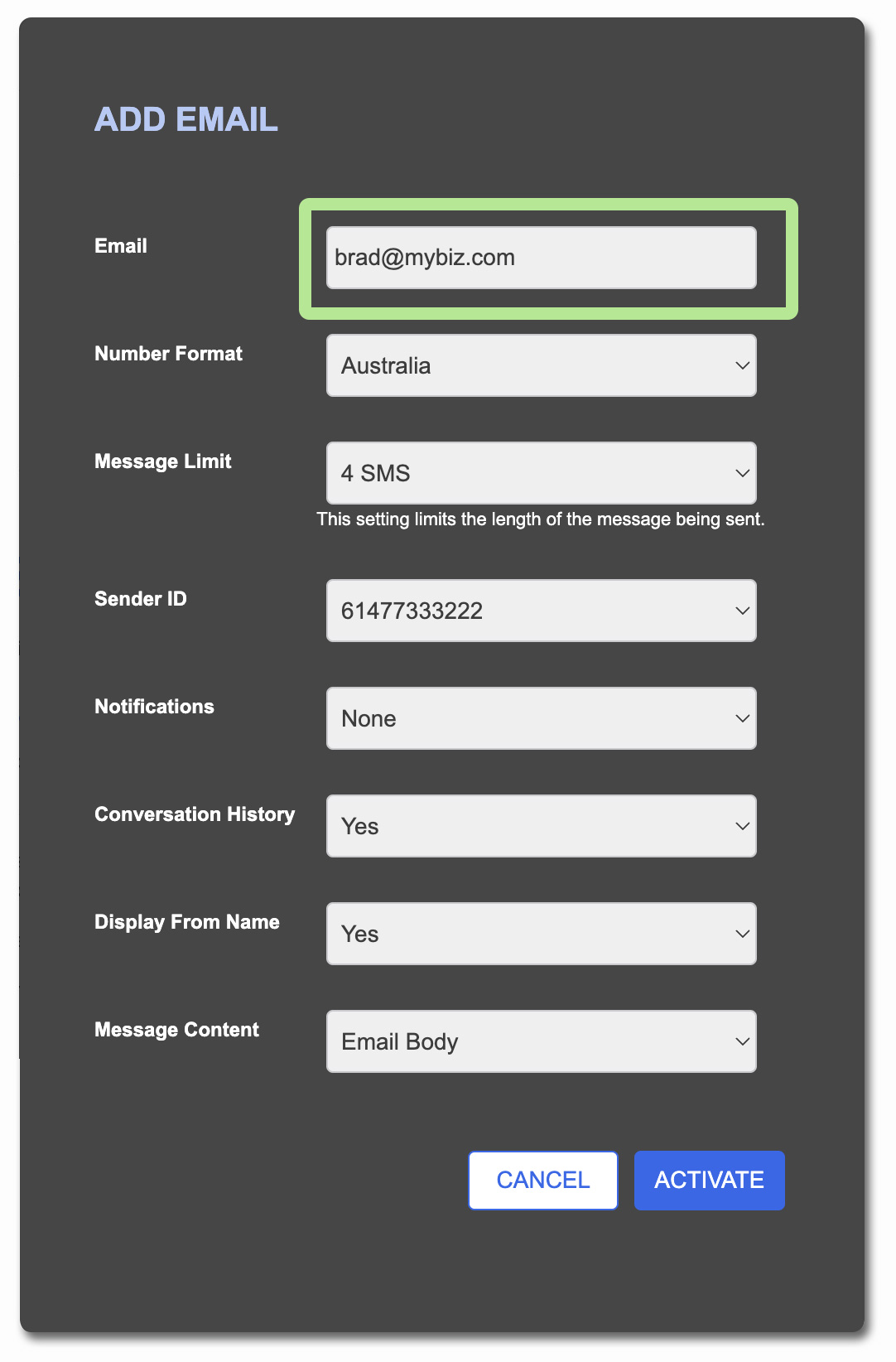 Email SMS - Add Email Modal