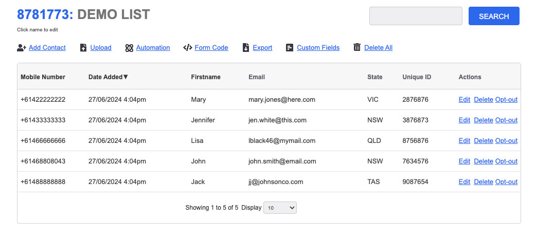 Contacts Upload Display