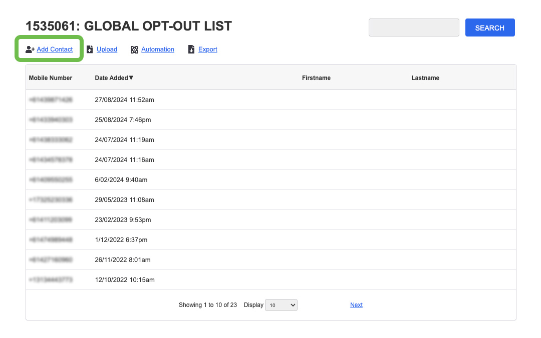 Contacts Add Manual Opt Out Global Opt Out