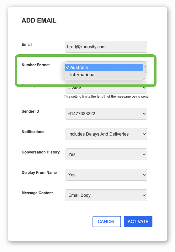 Email SMS Settings Number Format