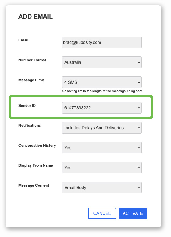 Email SMS Settings Sender ID