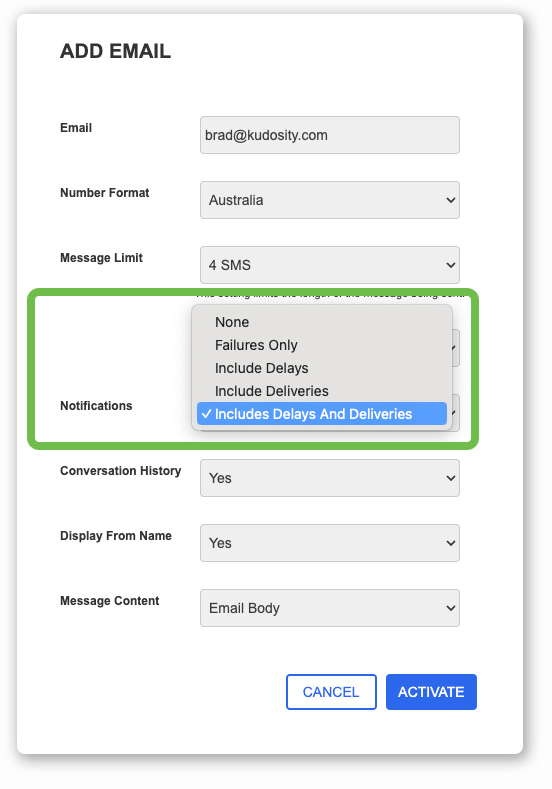 Email SMS Settings Notifications