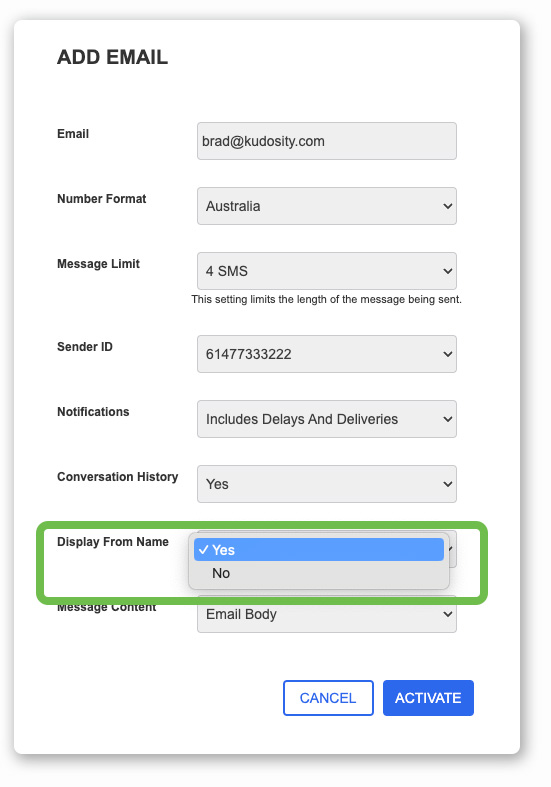 Email SMS Settings Display From Name