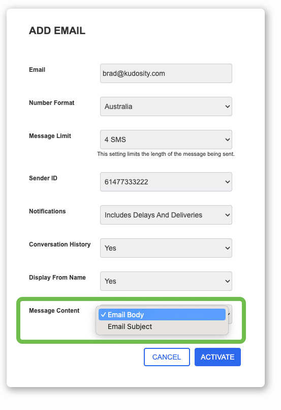 Email SMS Settings Message Content