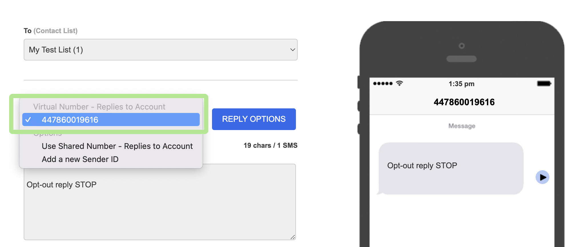 Send SMS - Select VMN