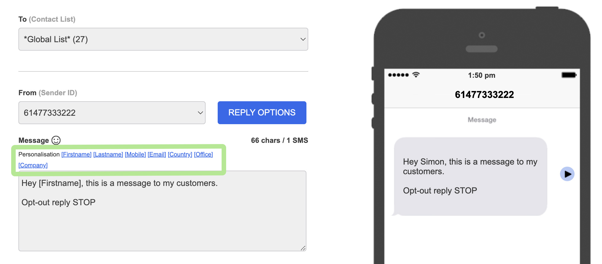 Send SMS - Personalisation