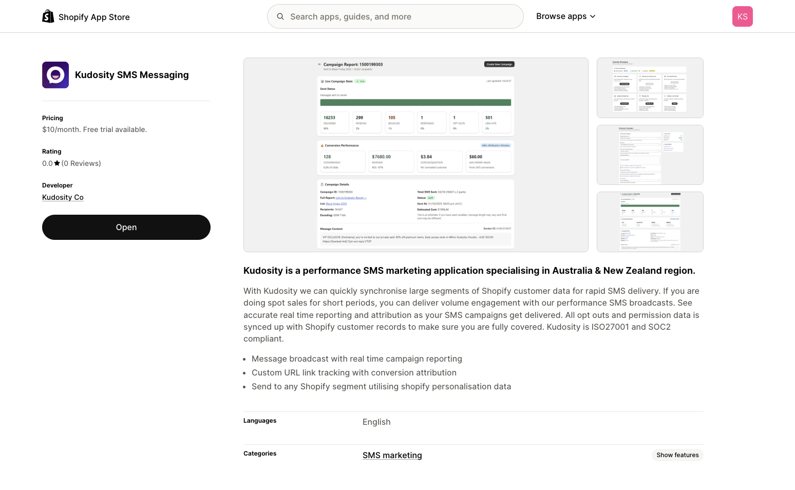 Kudosity Shopify App Store Page