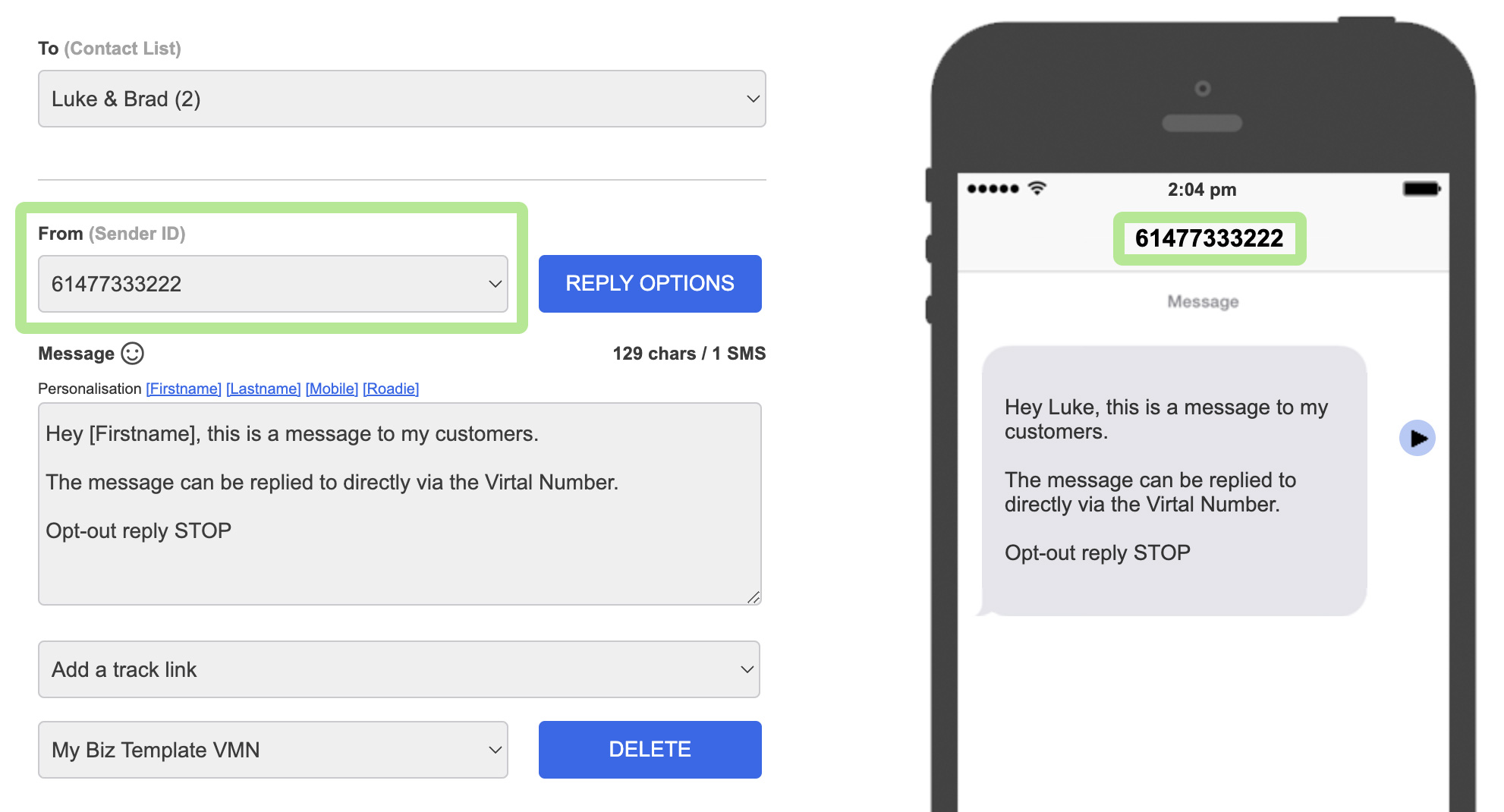 Send SMS - VMN Select